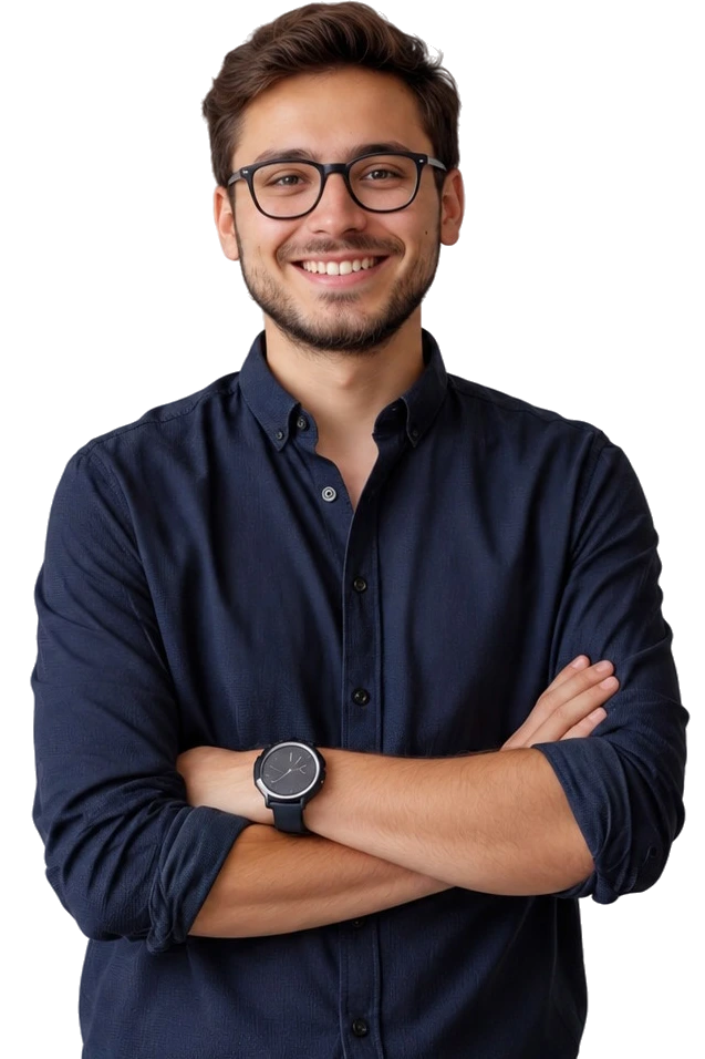 Homem sorrindo, usando óculos e camisa azul-marinho, com os braços cruzados. A imagem que transmite confiança e organização para representar empresas que buscam apoio especializado para manter suas rotinas contábeis em ordem. A Vilac Contabilidade oferece serviços contábeis para empresas que buscam organização, acompanhamento profissional e suporte para suas necessidades empresariais.