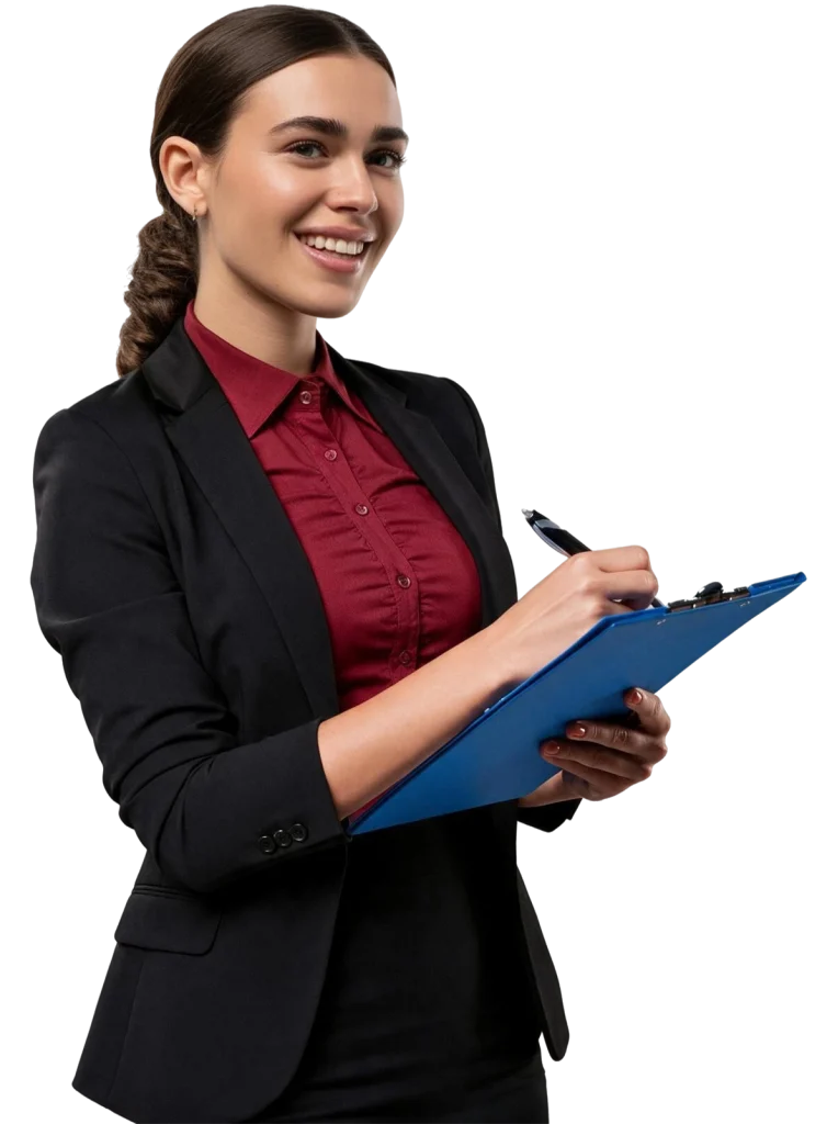 Mulher sorrindo, vestindo blazer preto e camisa vermelha, segurando uma prancheta azul e uma caneta. Representa o acompanhamento profissional necessário para organizar documentos, informações e processos relacionados à contabilidade e à gestão empresarial. A Vilac Contabilidade presta assessoria contábil para empresas que precisam de suporte especializado para manter suas obrigações e informações organizadas.